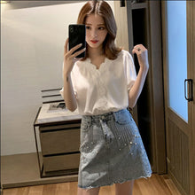 将图片加载到图库查看器,Blouse Women's Design Sense Non-Mainstream Top Half-Sleeve Shirt Loose Korean Summer Lace Stitching Chiffon Shirt Ins
