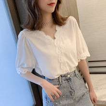 将图片加载到图库查看器,Blouse Women's Design Sense Non-Mainstream Top Half-Sleeve Shirt Loose Korean Summer Lace Stitching Chiffon Shirt Ins