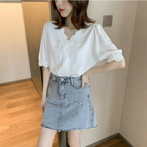 Blouse Women's Design Sense Non-Mainstream Top Half-Sleeve Shirt Loose Korean Summer Lace Stitching Chiffon Shirt Ins