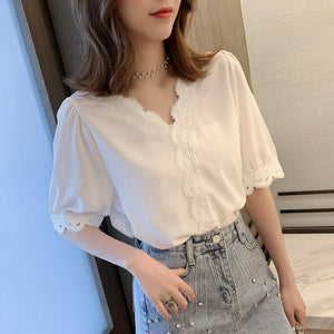 Blouse Women's Design Sense Non-Mainstream Top Half-Sleeve Shirt Loose Korean Summer Lace Stitching Chiffon Shirt Ins