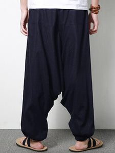 Men Cotton Linen Harem Pants Casual Baggy Loose Trousers Fashion Wide Legs Trousers